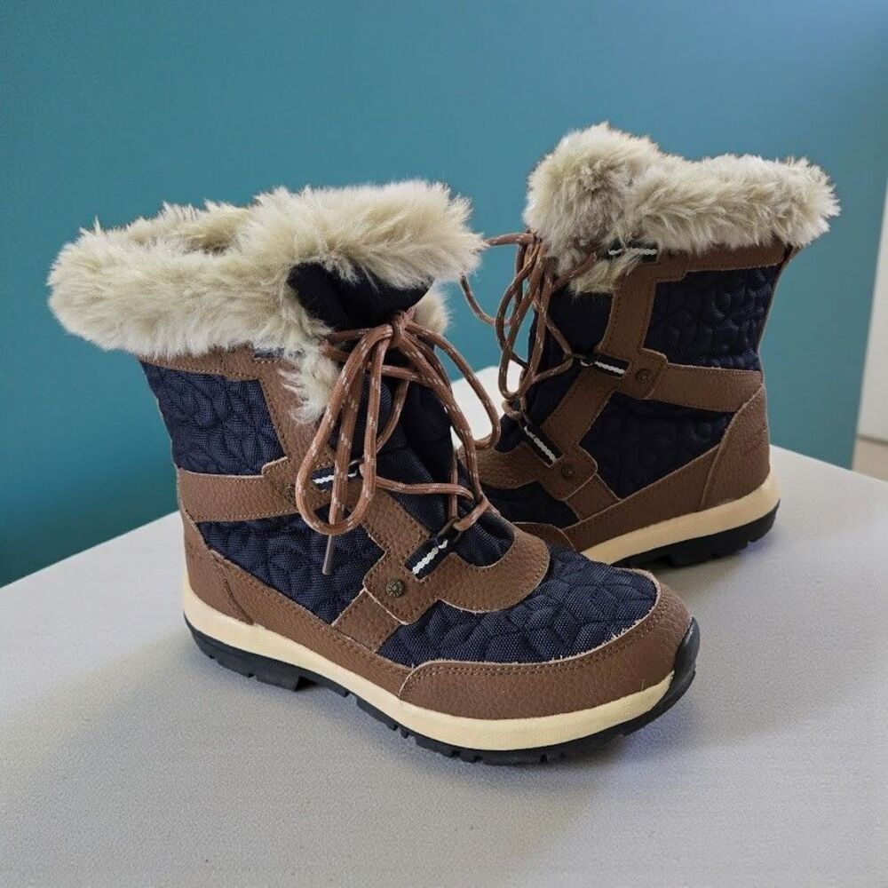 Ladies 7 Bearpaw Marina Snow Boots Waterproof Quilted Navy BRN Leather Faux Fur - Picture 1 of 13